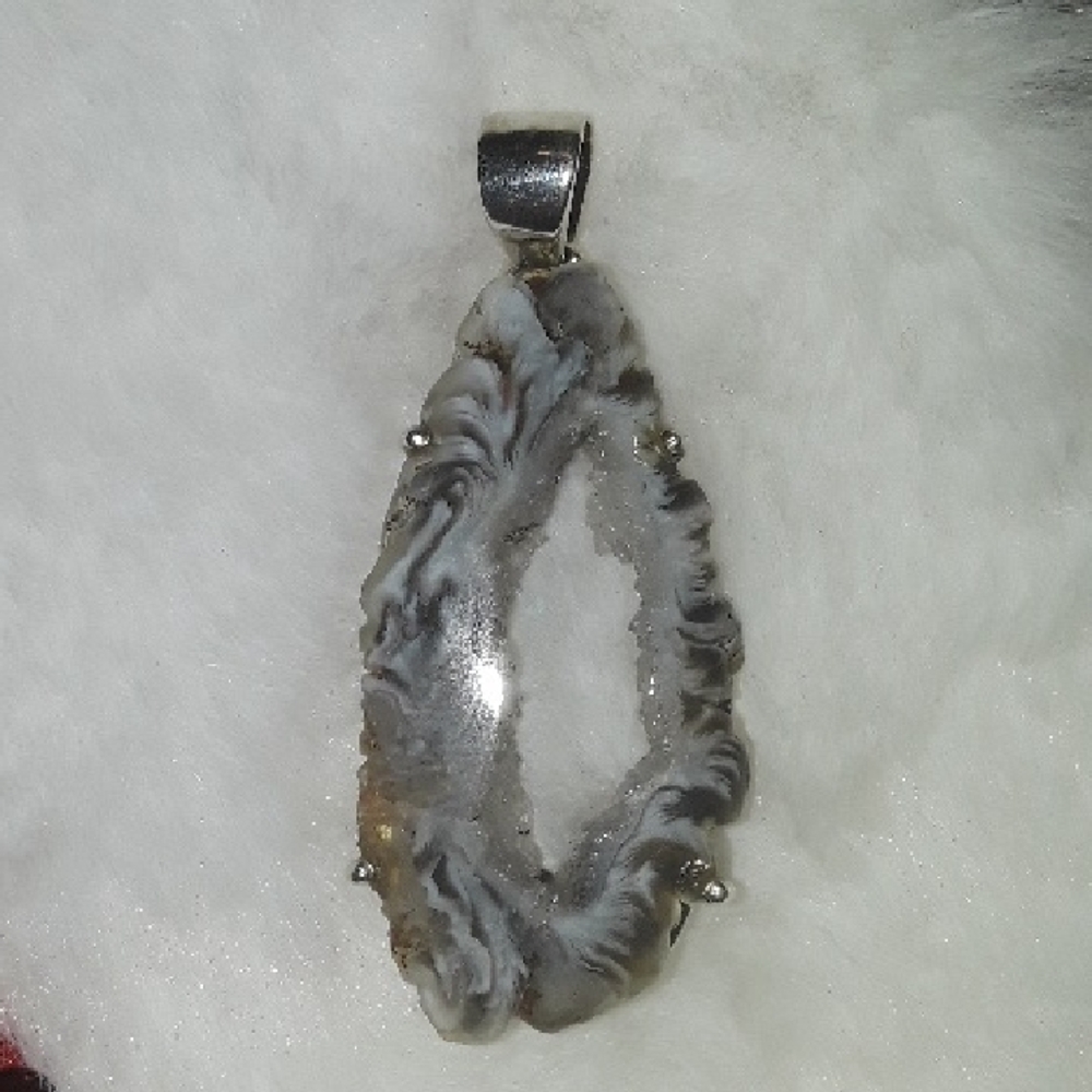 Geode Druzy Agate Slice Pendant .925 Sterling Silver Shimmer White Black Gray - Picture 3 of 11